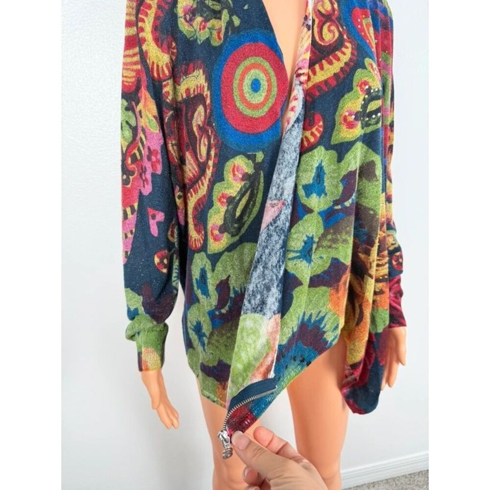 Desigual Rhinestone-Embellished Art Print Wrap Cardigan Sweater Metallic - Picture 8 of 12